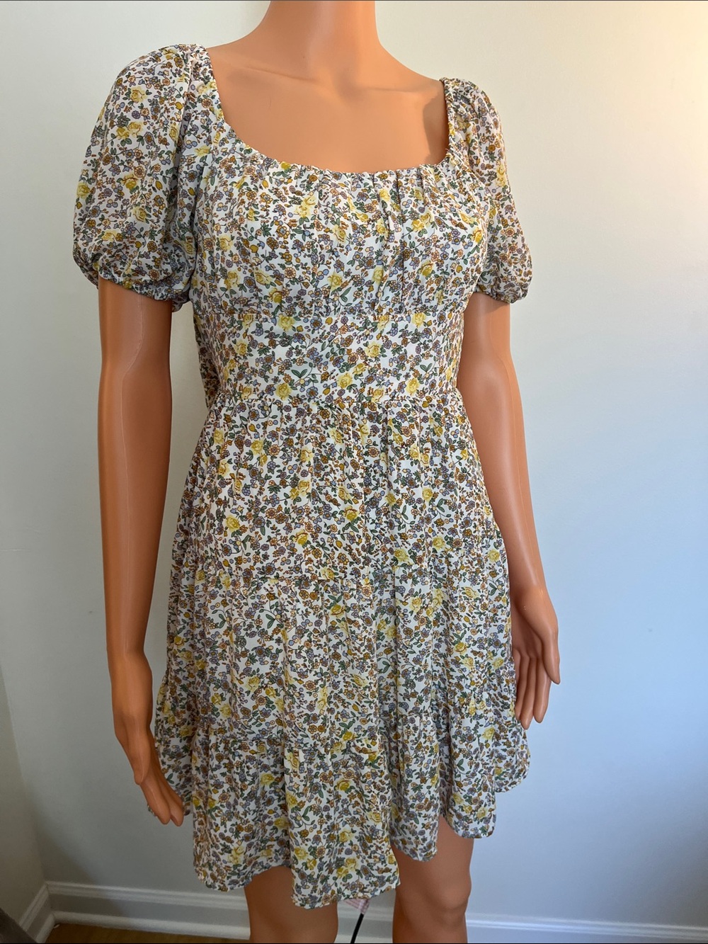 Altar'd State Multi-colored Floral Square Neck Puff Sleeve Mini Dress Sz S